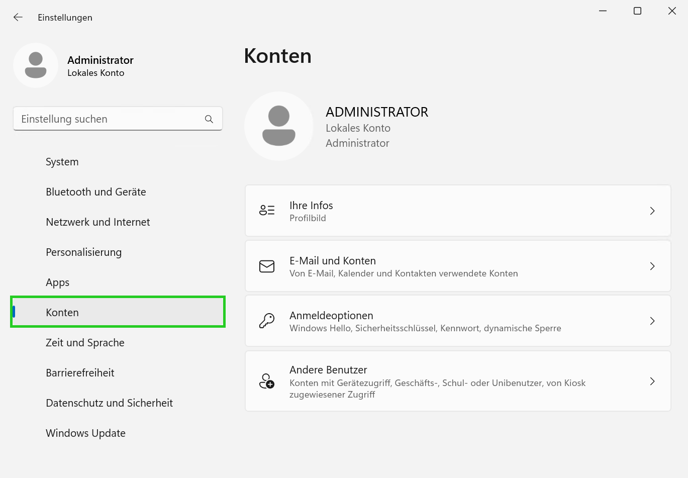Screenshot: Das Fenster Einstellungen wird angezeigt. In diesem Fenster ist in der Navigationsleiste links der Menüpunkt Konten hervorgehoben.
