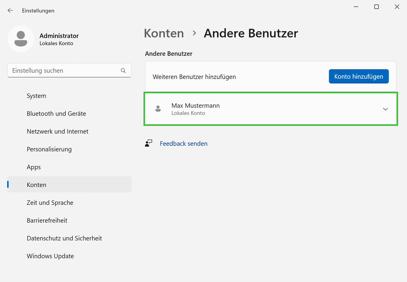 Screenshot: Im Fenster Einstellungen wird der Bereich Konten > Andere Benutzer angezeigt. In diesem Bereich ist das zu löschende Konto Max Mustermann hervorgehoben.