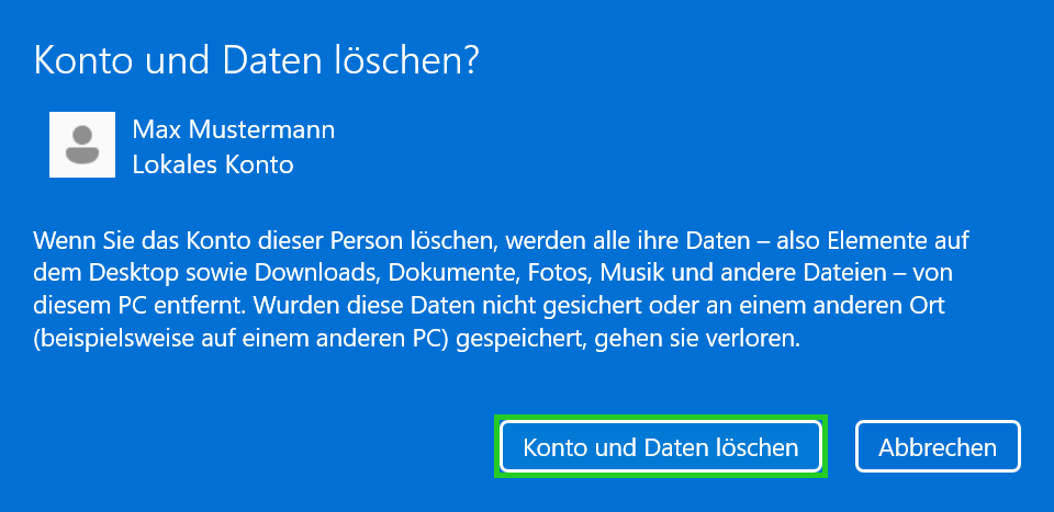 Screenshot: Das Fenster Konto und Daten löschen? wird angezeigt. In diesem Fenster ist die Schaltfläche Konto und Daten löschen hervorgehoben.