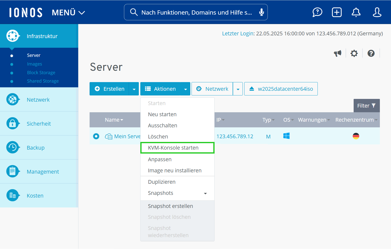 Screenshot: Der Bereich Infrastruktur > Server im Cloud Panel wird angezeigt. In diesem Bereich ist die Aktion KVM-Konsole starten hervorgehoben.