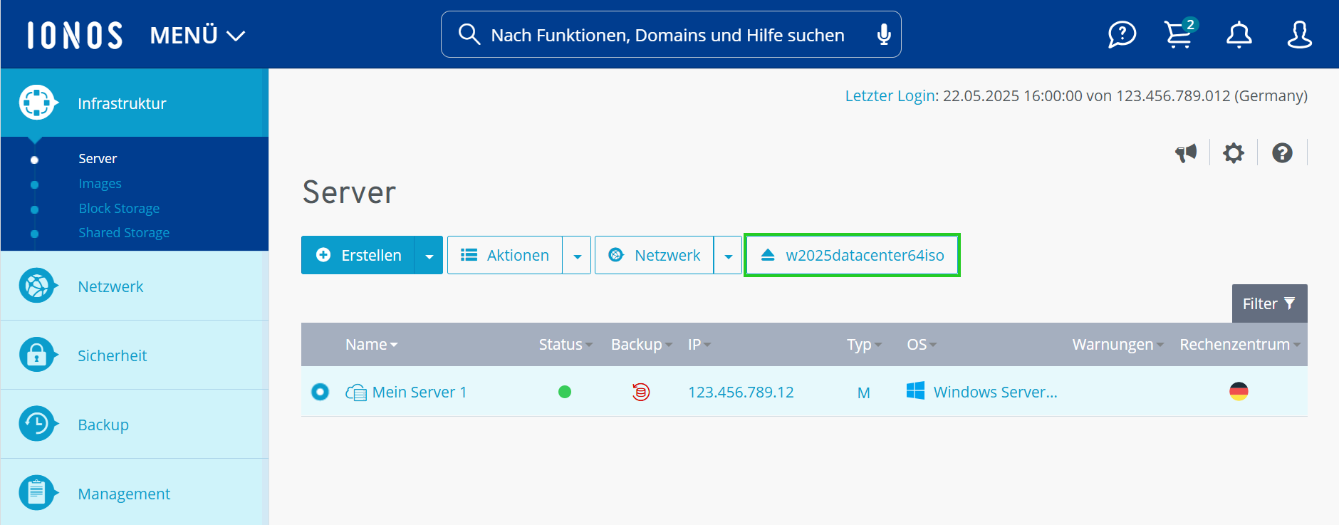 Screenshot: Der Bereich Infrastruktur > Server im Cloud Panel wird angezeigt. In diesem Bereich ist die Schaltfläche mit dem Namen der auszuwerfenden DVD hervorgehoben.