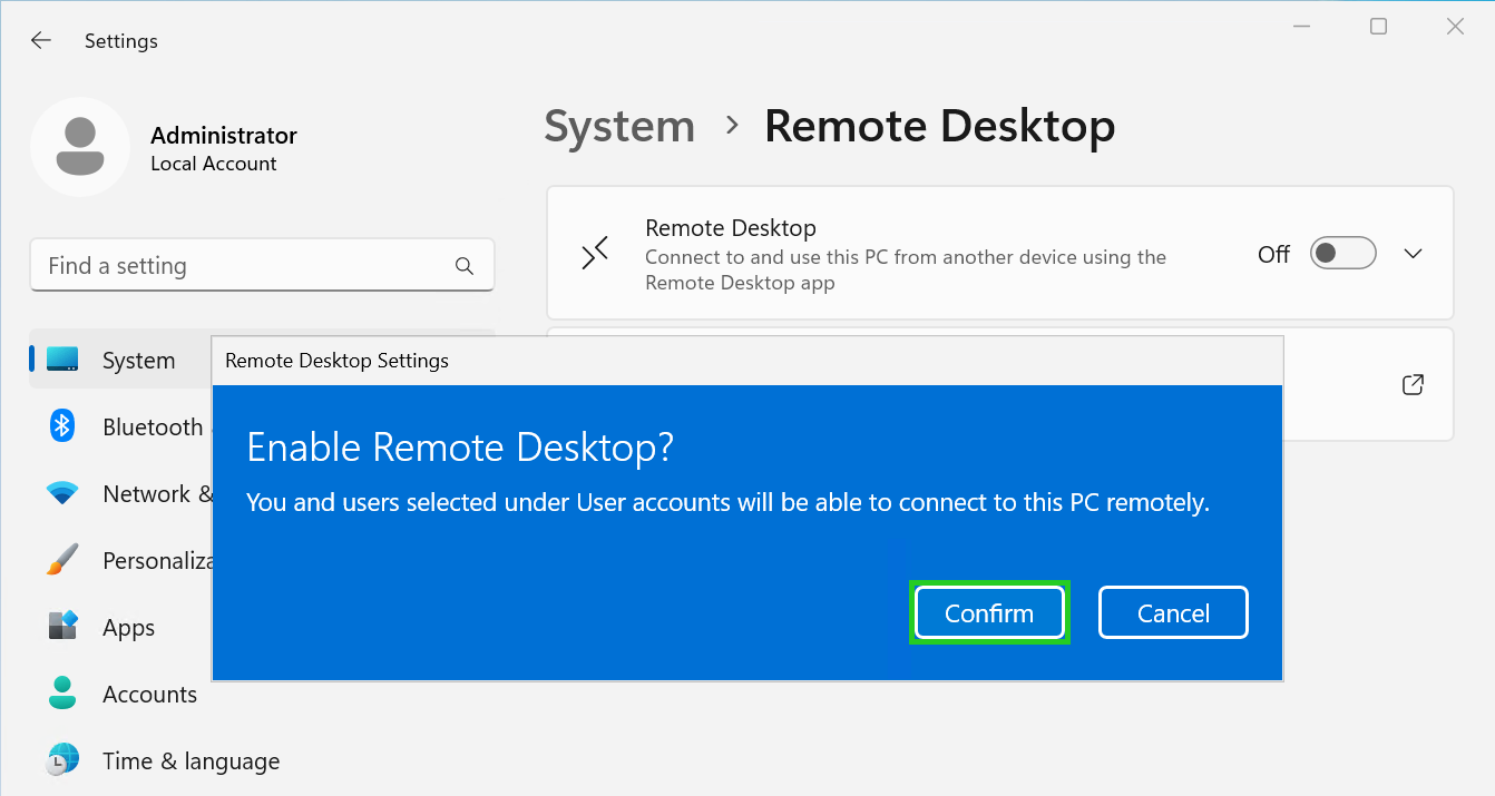 Screenshot: Das Fenster Enable Remote Desktop? wird angezeigt. In diesem Bereich ist die Schaltfläche Confirm hervorgehoben.