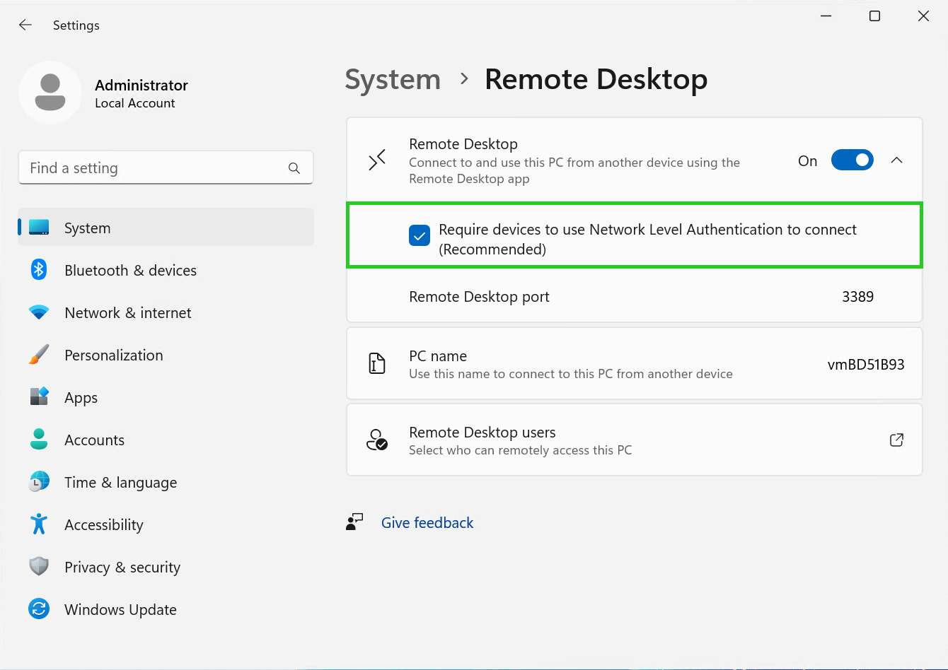 Screenshot: Der Bereich System and Security > System > Remote Desktop angezeigt. In diesem Bereich ist die folgende Option hervorgehoben: Require devices to use Network Level Authentication to connect (recommended)