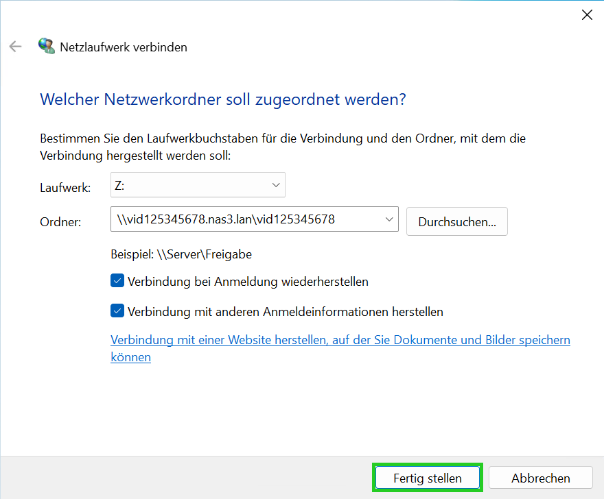 Das folgende Fenster wird angezeigt: Welcher Netzwerkordner soll zugeordnet werden? In diesem Fenster ist die Schaltfläche Fertig stellen hervorgehoben.