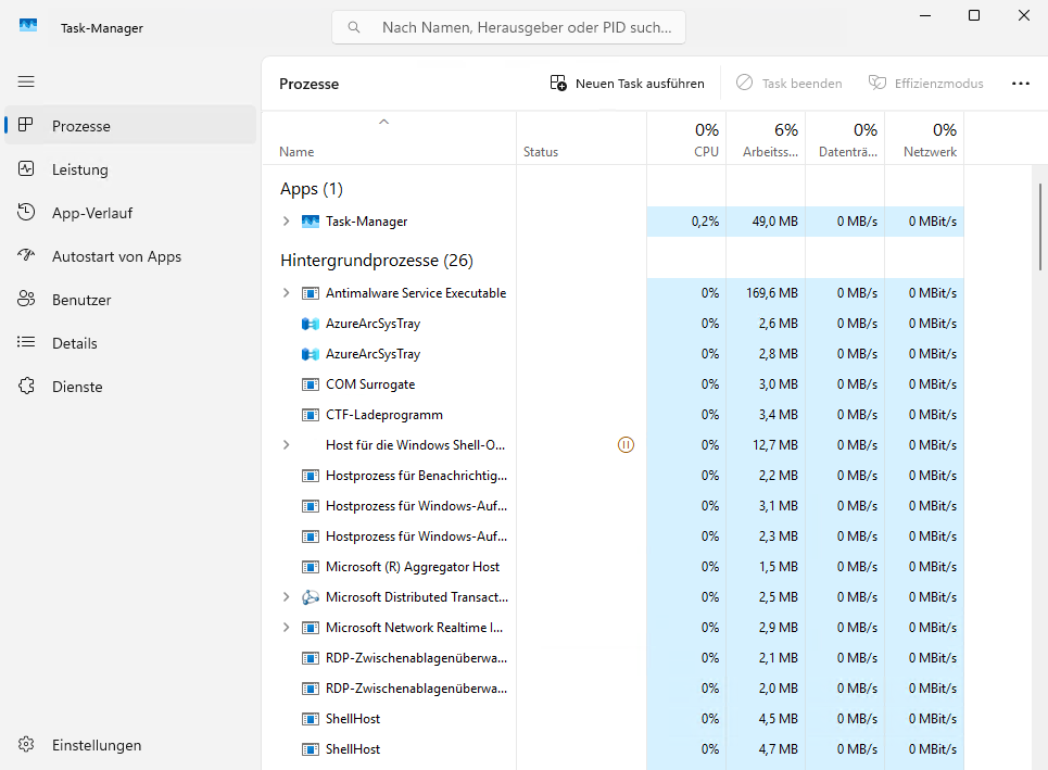 Screenshot: Der Taskmanager wird angezeigt. Im Taskmanager ist der Bereich Prozesse ausgewählt. In diesem Bereich ist eine Liste mit den aktiven Prozessen sowie der CPU-Auslastung, der Auslastung des Abreitspeichers, der Datenträger und des Netzwerks aufgeführt.