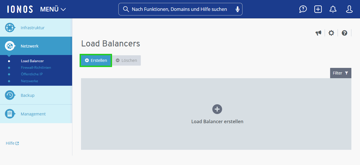 Screenshot: Die Seite Load Balancer wird im Cloud Panel angezeigt. Auf dieser Seite wird unterhalb des Seitentitels die Schaltfläche Erstellen angezeigt. Diese ist hervorgehoben.