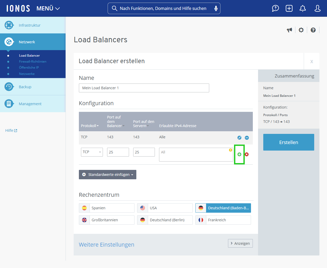 Screenshot: Der Bereich Load Balancer erstellen wird angezeigt. In diesem Bereich ist die Schaltfläche mit dem Pluszeichen im Abschnitt Konfiguration hervorgehoben.