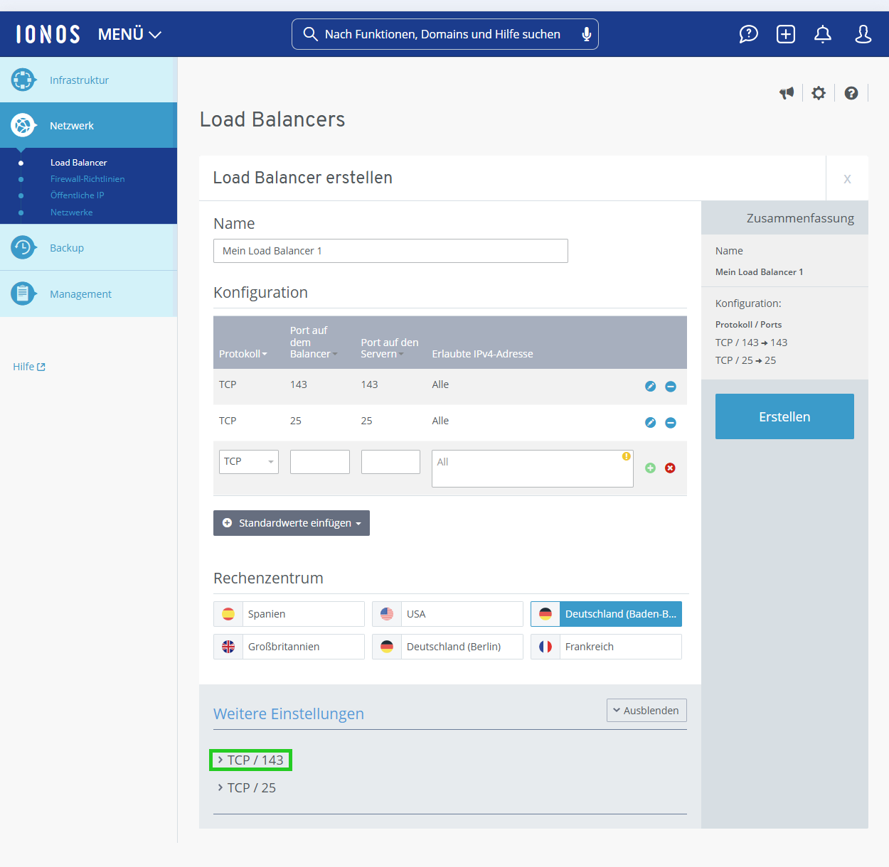 Screenshot: Der Bereich Load Balancer erstellen wird angezeigt. In diesem Bereich ist das Größerzeichen im Bereiche Weitere Einstellungen hervorgehoben.