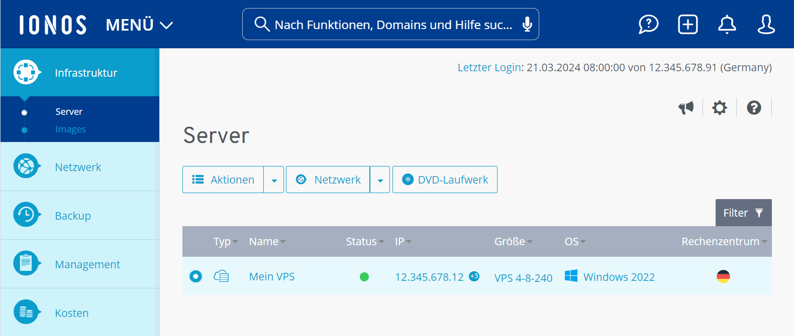 Screenshot: Die Seite Server wird im Cloud Panel angezeigt.