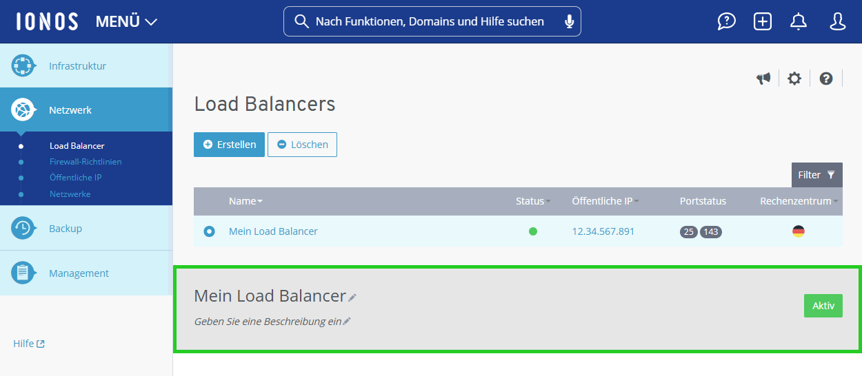 Screenshot: Die Seite Load Balancers wird im Cloud Panel angezeigt. Auf dieser Seite ist der Bereich mit der Beschreibung des Load Balancers hervorgehoben.
