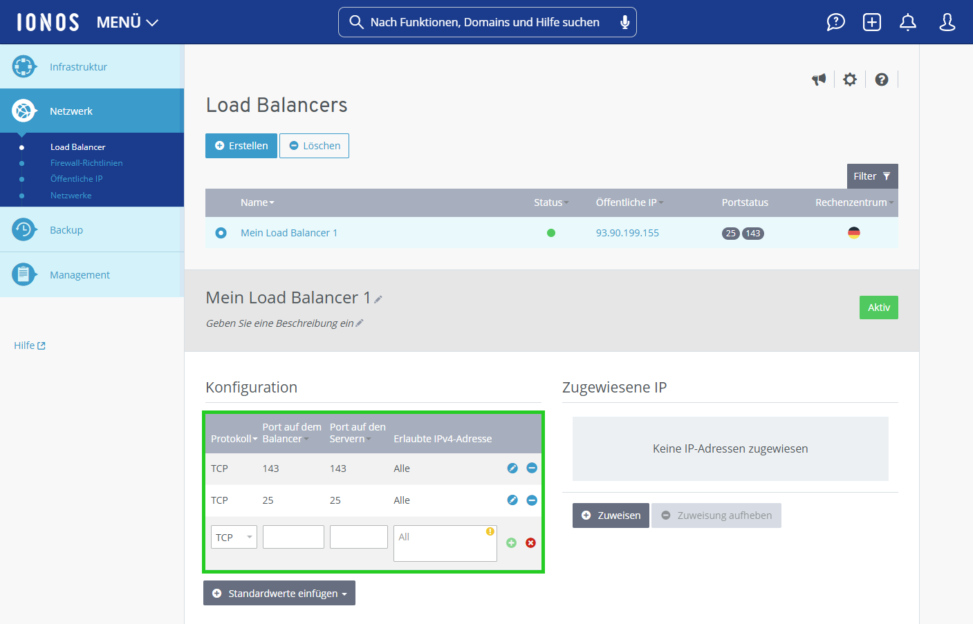 Screenshot: Die Seite Load Balancers wird im Cloud Panel angezeigt. Auf dieser Seite ist der Bereich mit der Beschreibung des Load Balancers hervorgehoben.
