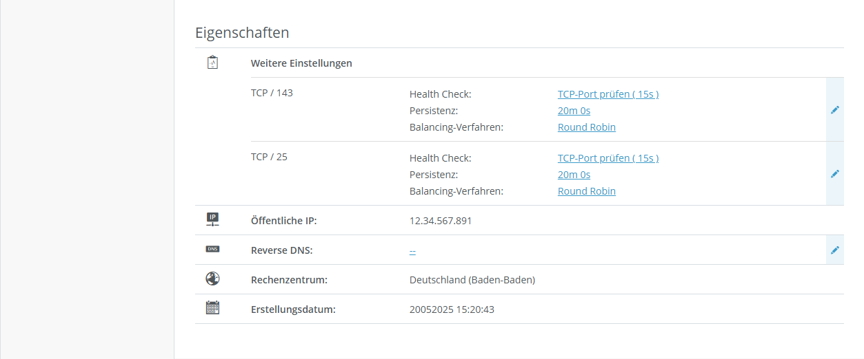 Screenshot: Die Seite Load Balancers wird im Cloud Panel angezeigt. Auf dieser Seite ist der Bereich Eigenschaften hervorgehoben.