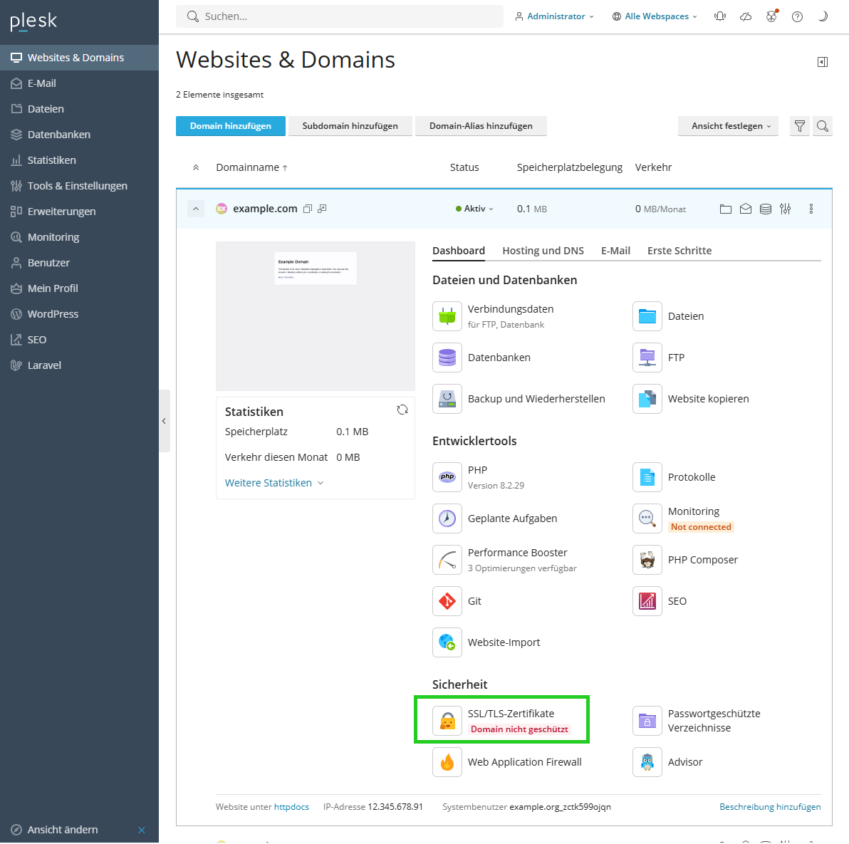 Screenshot: In Plesk wird der Bereich Websites & Domains angezeigt. In diesem Bereich ist in der Detailübersicht der Domain example.com im Reiter Dashboard die Schaltfläche SSL/TLS-Zertifikate hervorgehoben.