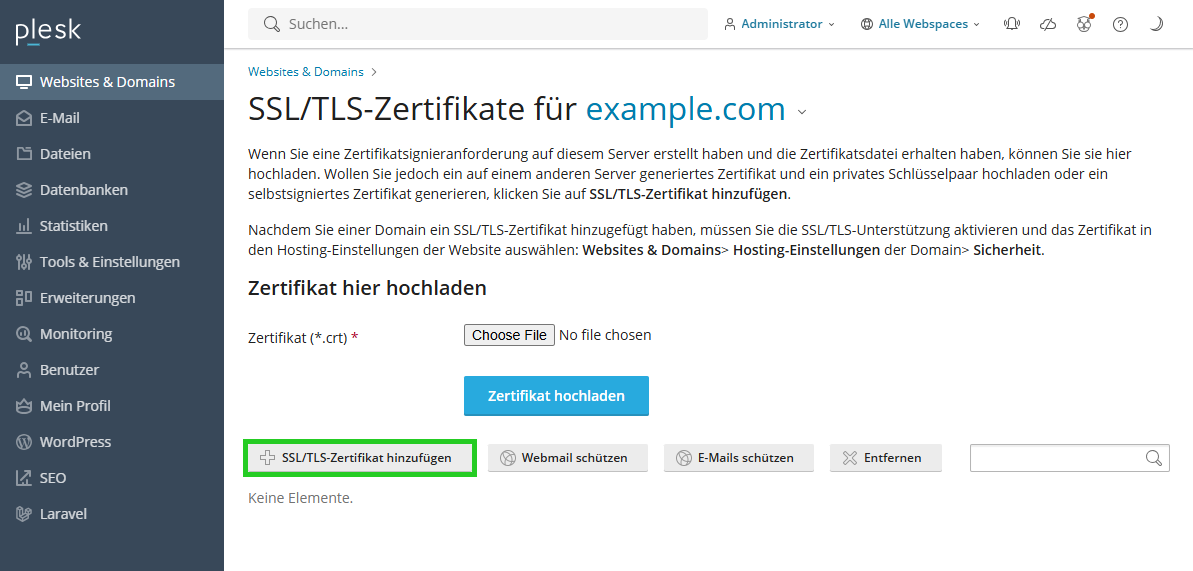 Screenshot: In Plesk wird der Bereich Websites & Domains > SSL/TLS-Zertifikate für [DOMAINNAME] angezeigt. In diesem Bereich ist die Schaltfläche SSL/TLS-Zertifikat hinzufügen hervorgehoben.