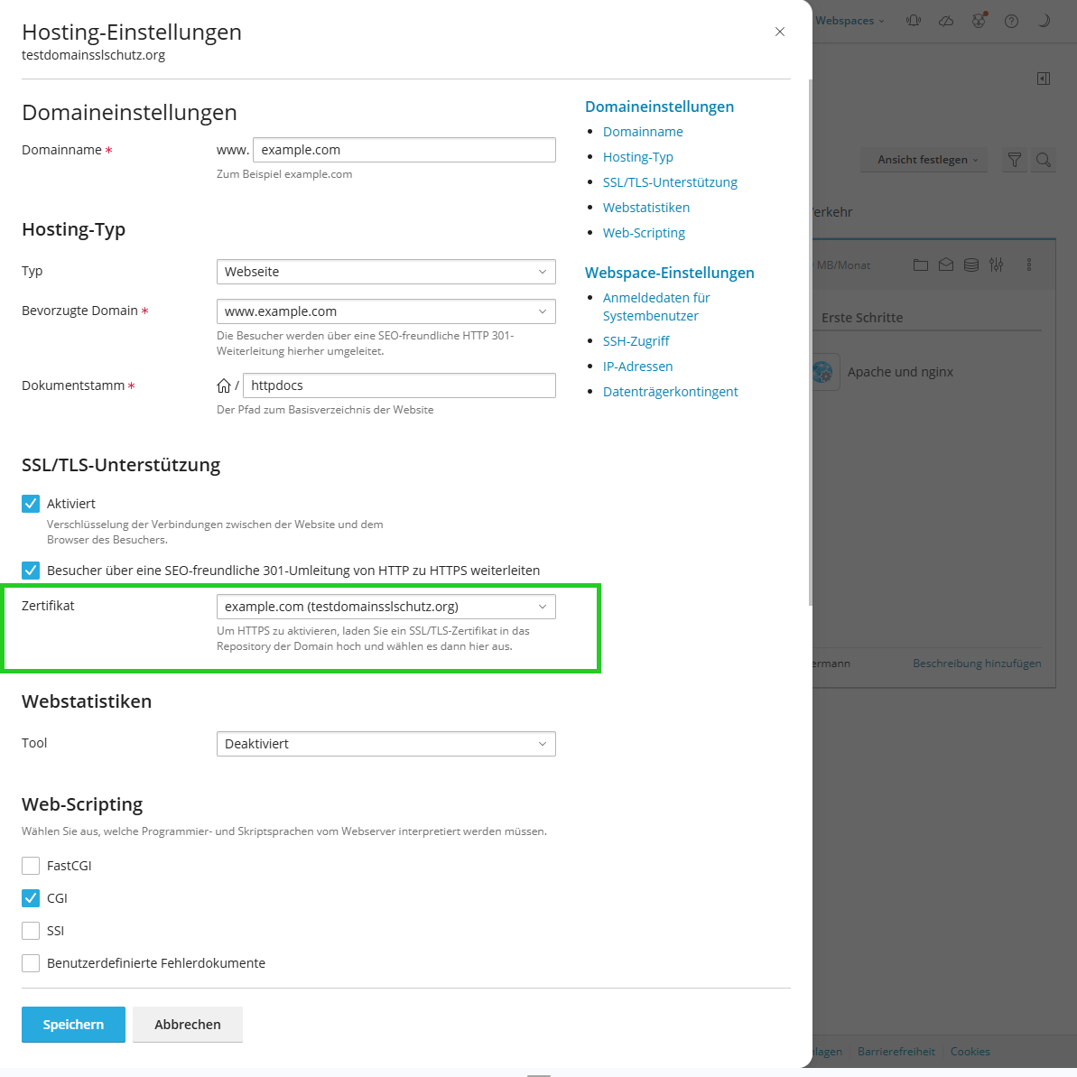 Screenshot: In Plesk wird der Bereich Hosting-Einstellungen angezeigt. In diesem Bereich ist das ausgewählte SSL-Zertifikat hervorgehoben.