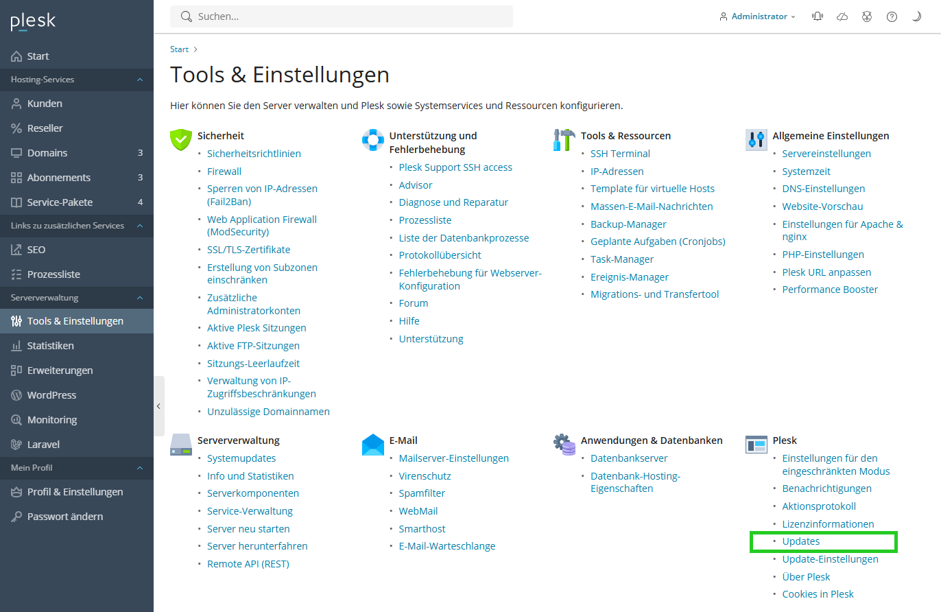 Screenshot: In Plesk wird der Bereich Tools & Einstellungen angezeigt. In diesem Bereich ist der Menüpunkt Updates im Abschnitt Plesk hervorgehoben.