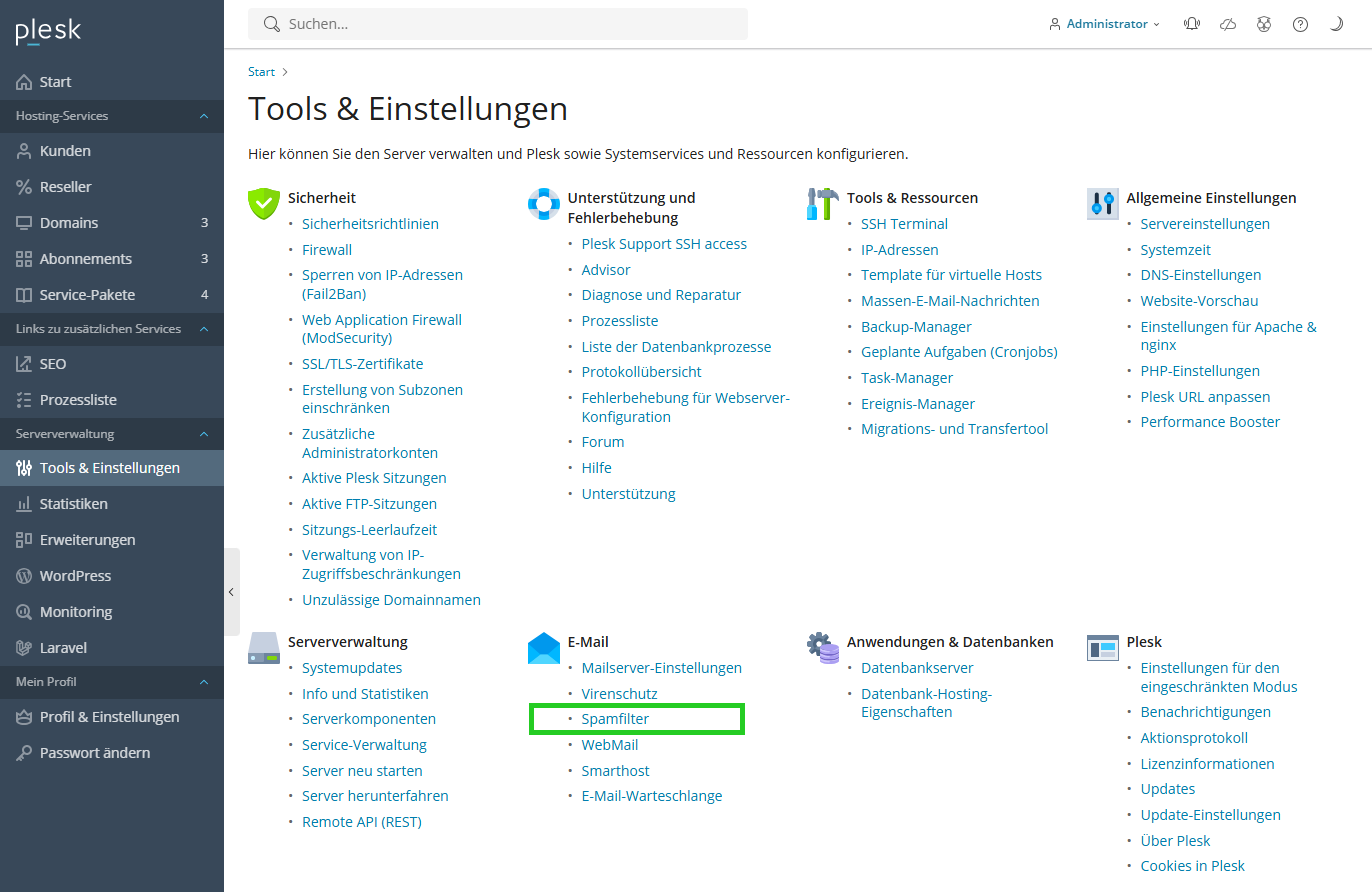 Screenshot: In Plesk wird der Bereich Tools & Einstellungen angezeigt. In diesem Bereich ist der Menüpunkt Spamfilter im Abschnitt Plesk hervorgehoben.