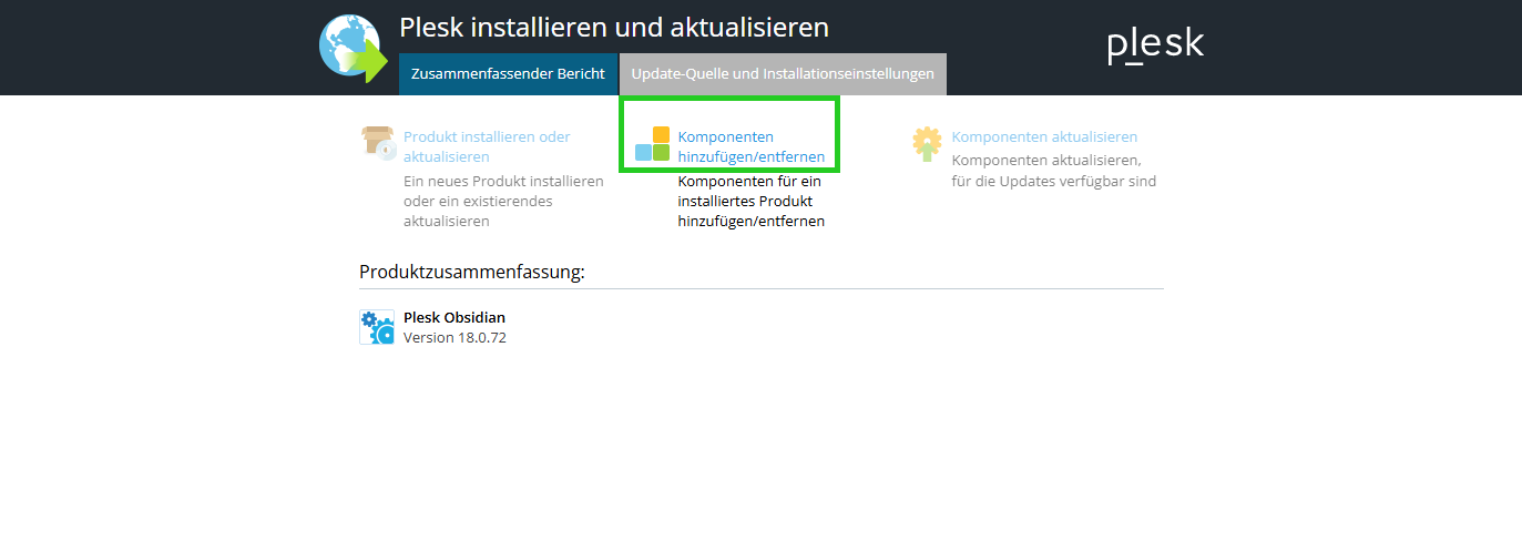 Screenshot: In Plesk wird die Seite Plesk installieren und aktualisieren angezeigt. In diesem Bereich ist die Option Komponenten hinzufügen/entfernen hervorgehoben.