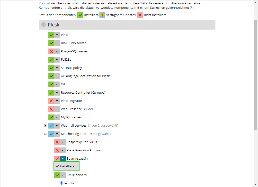 Screenshot: In Plesk wird die Plesk-Komponentenliste angezeigt. In diesem Bereich ist die Option SpamAssassin hervorgehoben.