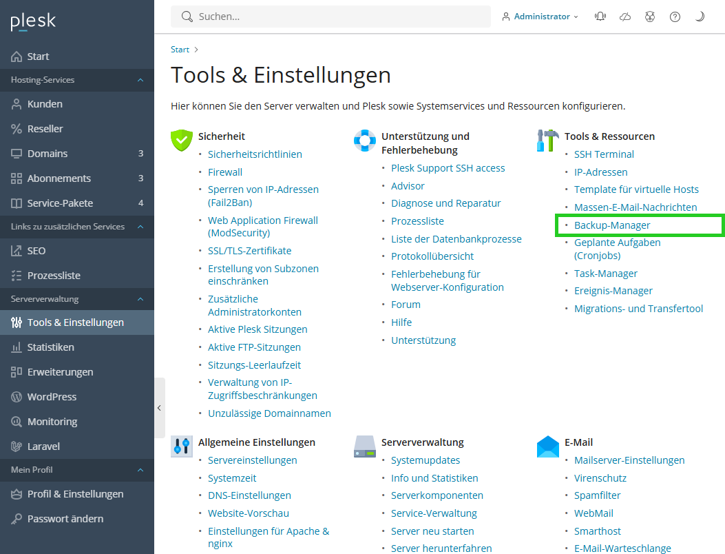 Screenshot: In Plesk wird der Bereich Tools & Einstellungen angezeigt. In diesem Bereich ist im Abschnitt Tools & Ressourcen der Menüpunkt Backup-Manager hervorgehoben.