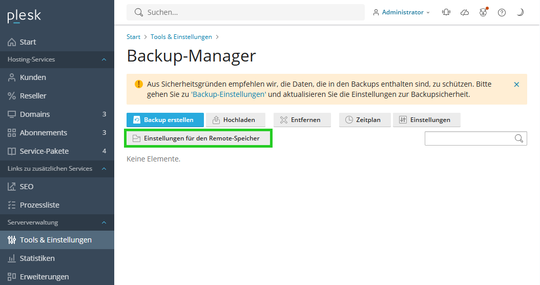 Screenshot: In Plesk wird der Bereich Backup-Manager angezeigt. In diesem Bereich ist die Schaltfläche Einstellungen für den Remote-Speicher hervorgehoben.