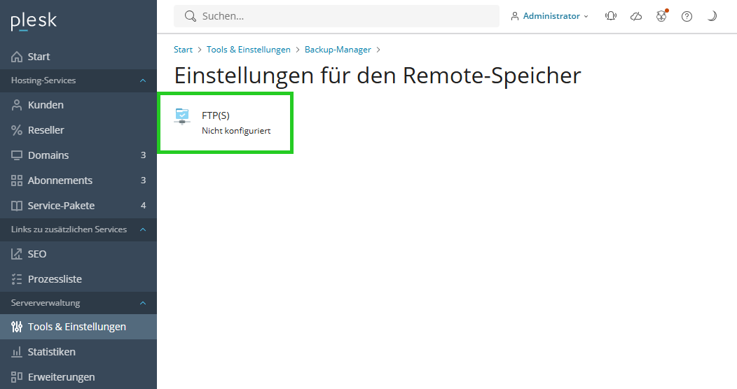 Screenshot: In Plesk wird der Bereich Einstellungen für den Remote-Speicher angezeigt. In diesem Bereich ist die Schaltfläche FTP(S) hervorgehoben.