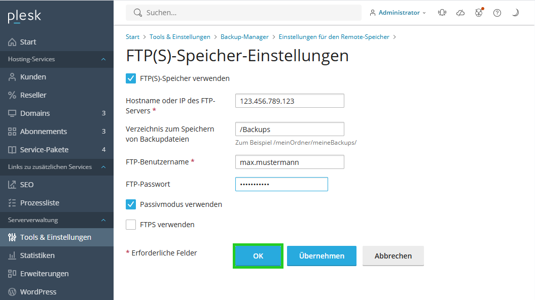 Screenshot: In Plesk wird der Bereich FTP(S)-Speicher-Einstellungen angezeigt. In diesem Bereich ist die Schaltfläche OK hervorgehoben.