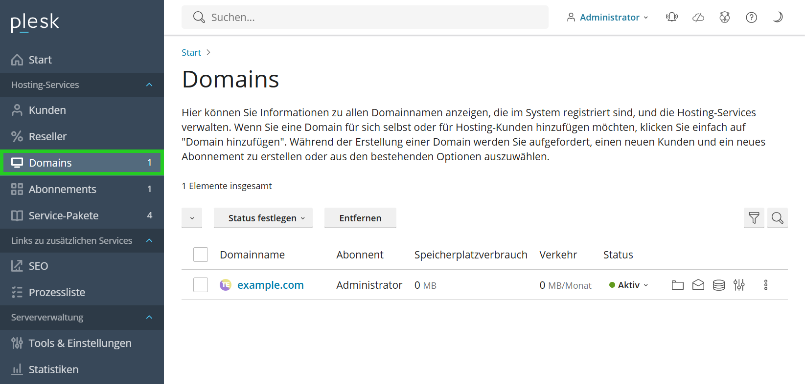 Screenshot: Das Plesk Panel wird angezeigt. Im Plesk Panel ist in der Navigationsleiste links der Menüpunkt Domains hervorgehoben. Darüber hinaus wird dieser Bereich mit einem Überblick über die Domains angezeigt.