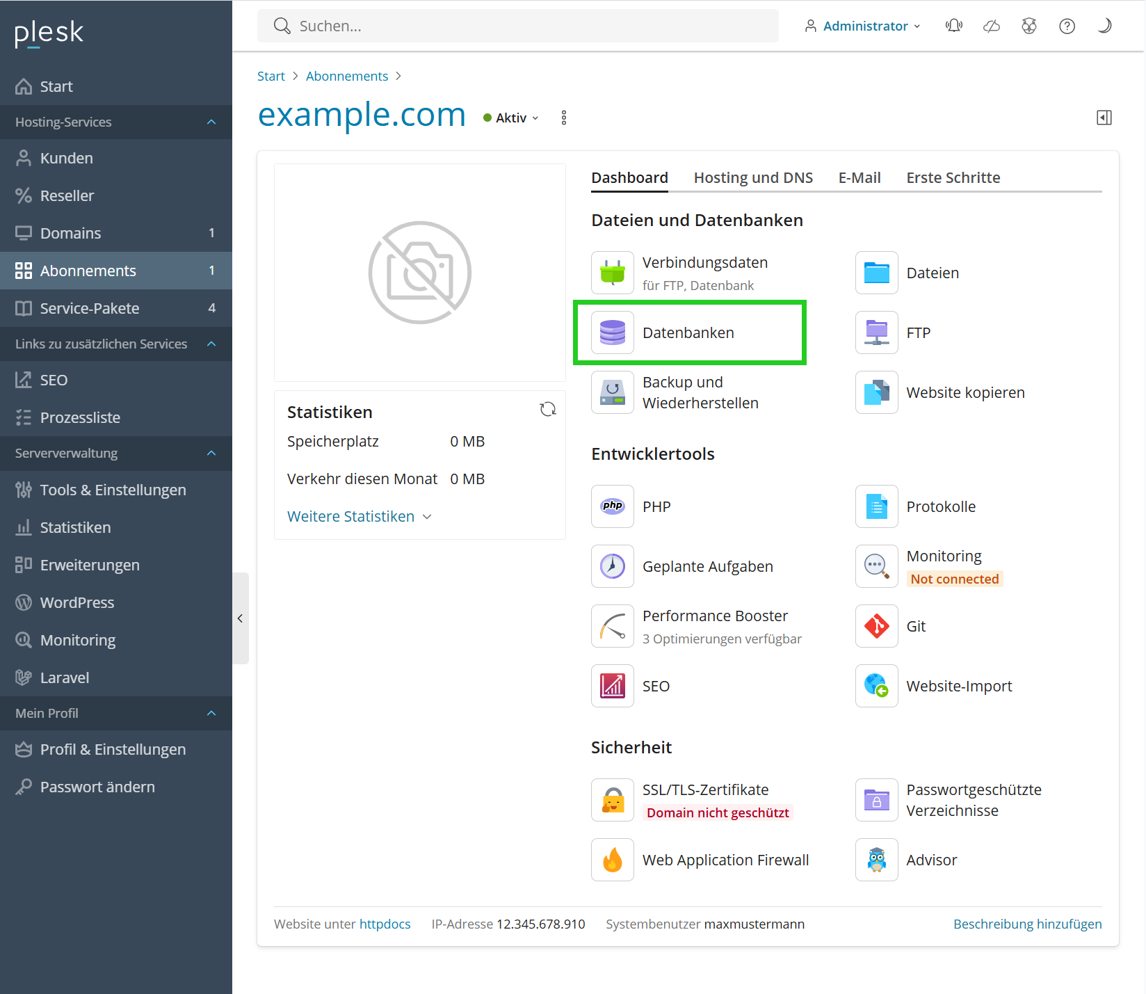 Screenshot: Das Plesk Panel wird angezeigt. Im Plesk Panel ist im Bereich Abonnements > Dashboard der Menüpunkt Datenbanken ausgewählt.  