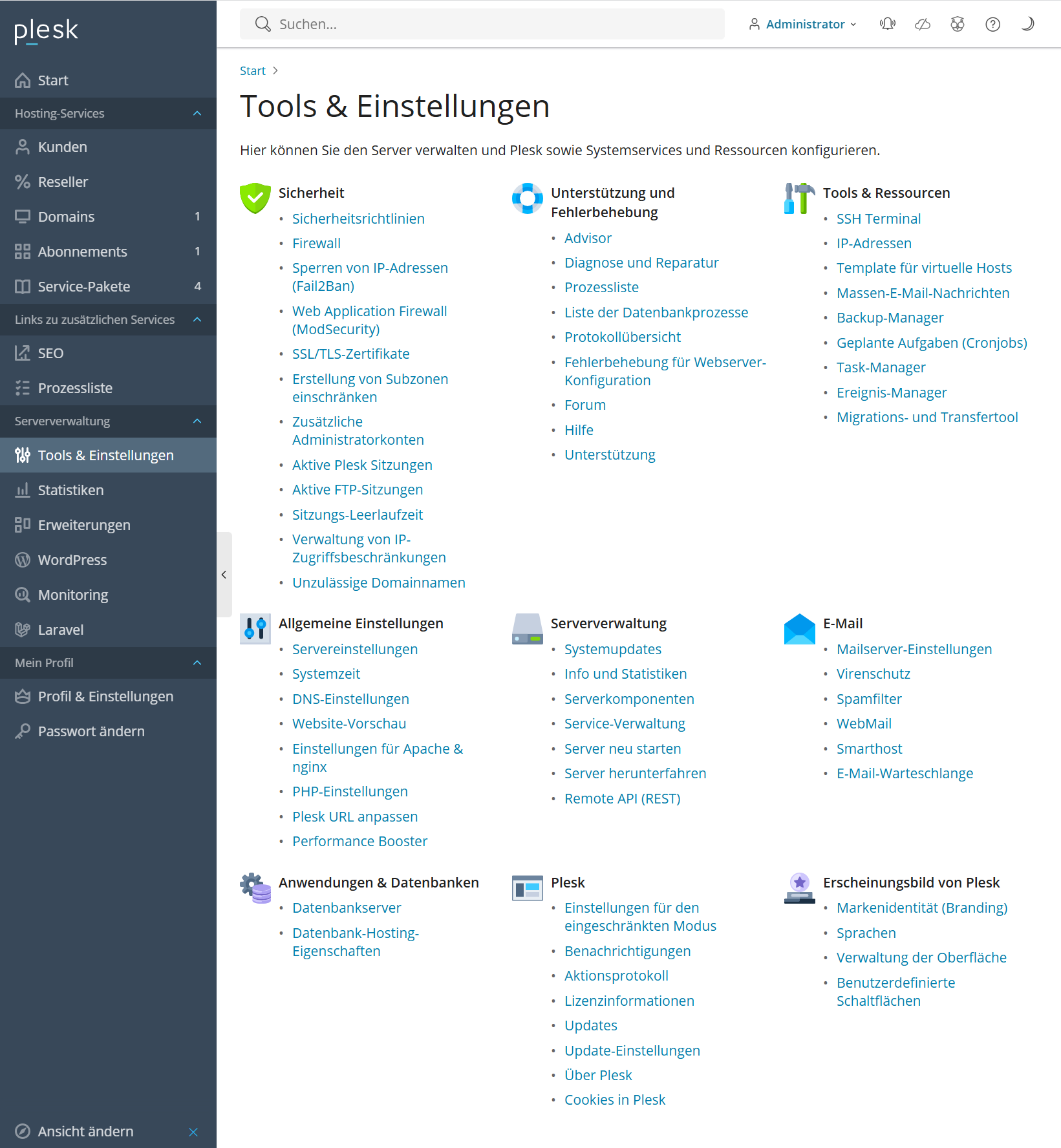 Screenshot: Das Plesk Panel wird angezeigt. Im Plesk Panel wird der Bereich Tools & Einstellungen angezeigt.