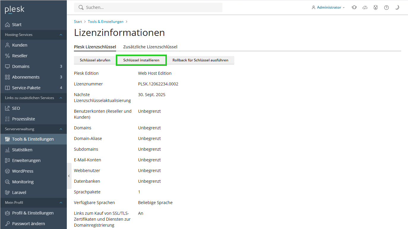 Screenshot: In Plesk wird der Bereich Lizenzinformationen angezeigt. In diesem Bereich ist die Schaltfläche Schlüssel hervorgehoben.