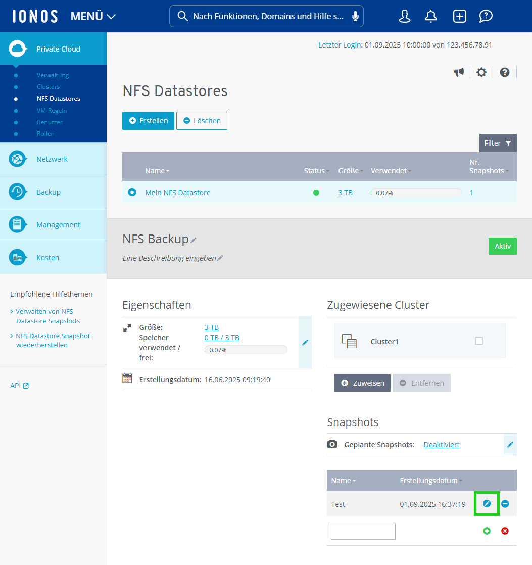 Screenshot: Die Seite Private Cloud > NFS Datastore wird im Cloud Panel angezeigt. Auf dieser Seite ist die Schaltfläche mit dem Minus-Symbol hervorgehoben. 