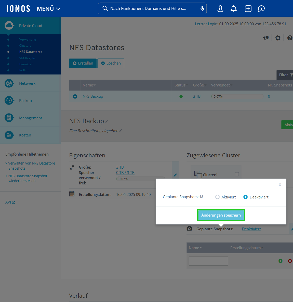 Screenshot: Die Seite Private Cloud > NFS Datastore wird im Cloud Panel angezeigt. Auf dieser Seite wird ein Fenster mit der Option Geplante Snapshots angezeigt. In diesem Fenster ist die Option Aktiviert ausgewählt. Darüber hinaus ist die Schaltfläche Änderungen speichern hervorgehoben.