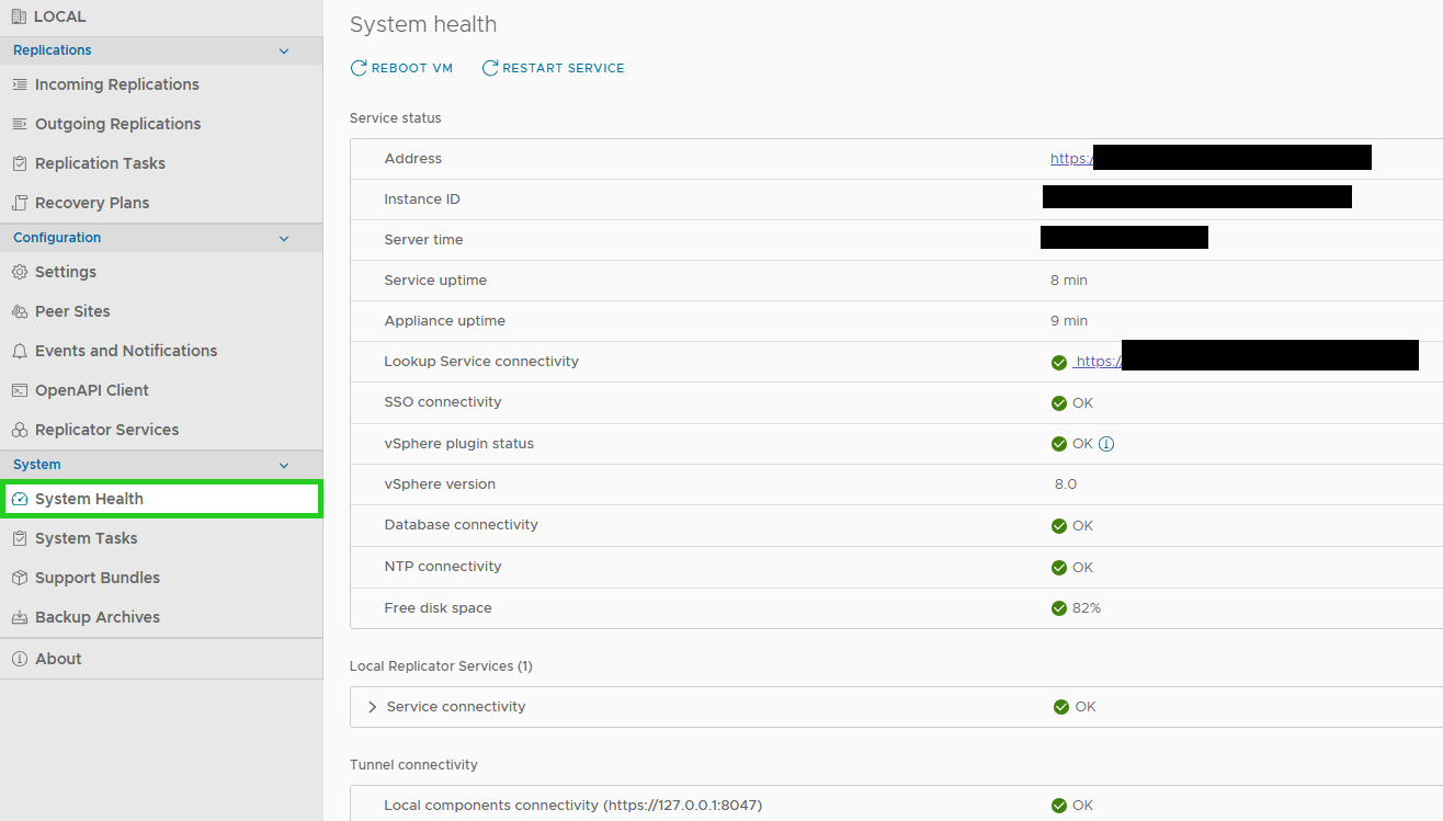 Screenshot: Die System Health-Seite mit aktuellen Statusinformationen wird angezeigt.