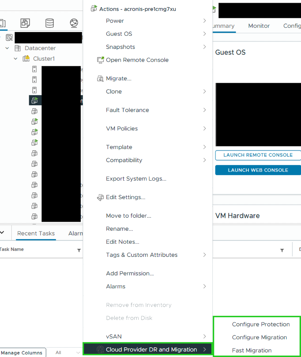 Screenshot:Das Kontextmenü für eine virtuelle Maschine wird angezeigt. Unter diesem Menüpunkt sind weitere Optionen für Schutzkonfiguration und Migrationen hervorgehoben.