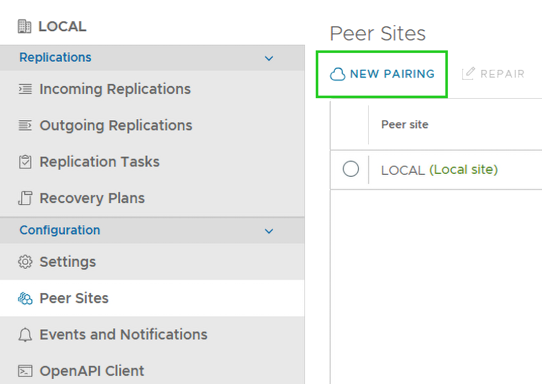Screenshot: Das Menü zur Verwaltung von Peer Sites wird angezeigt. In diesem Menü ist die Schaltfläche New Pairing zur Einrichtung eines neuen Pairings im VMware Cloud Director Availability