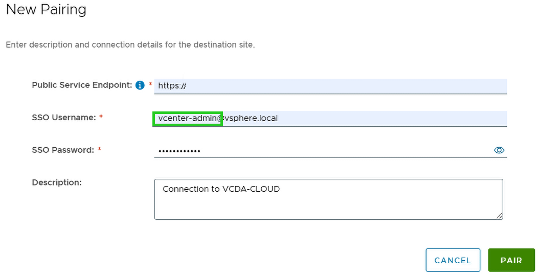 Screenshot: Das Formular für neues Pairing wird angezeigt. In diesem Formular sind die Felder Public Service Endpoint, SSO Username, SSO Password sowie ein Beschreibungsfeld abgebildet.