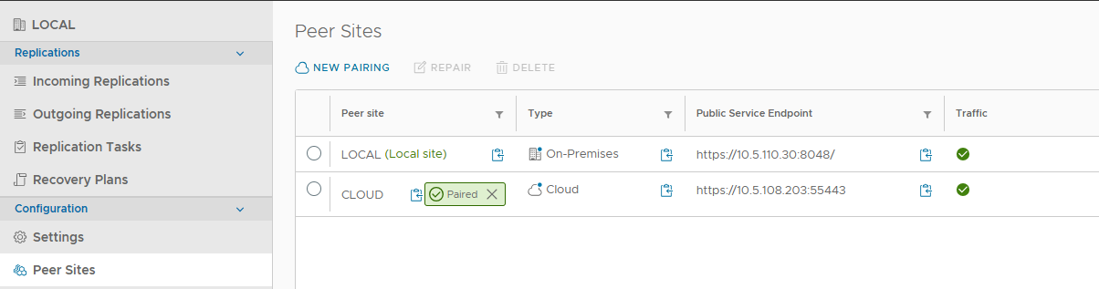 Screenshot: Die Seite Peer Sites mit den mit Detailinformationen zum Pairing zwischen lokaler und Cloud-Site wird angezeigt.