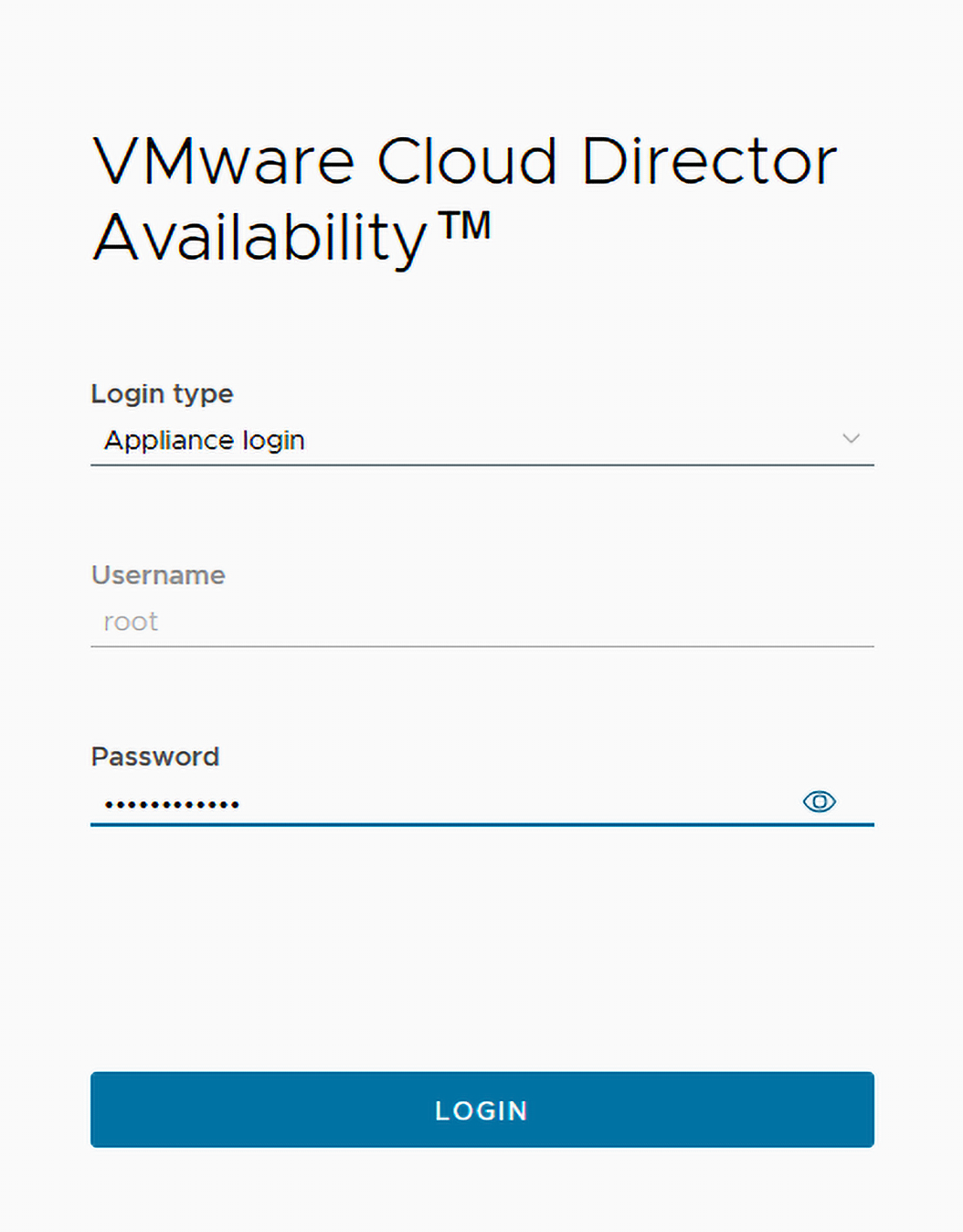 Screenshot: Die VMware Cloud Director Availability Login-Seite mit den Feldern für Login-Typ, Benutzername und Passwort wird angezeigt.