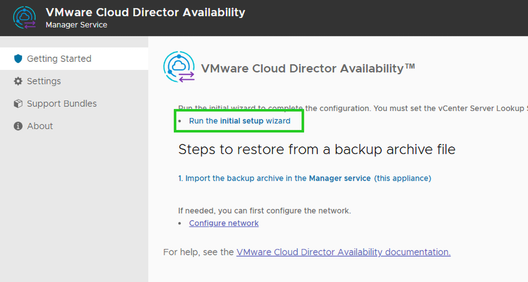 Screenshot: Der Startbildschirm des VMware Cloud Director Availability Manager wird angezeigt. Im Bereich Getting Started ist der Link Run the initial setup wizard hervorgehoben.