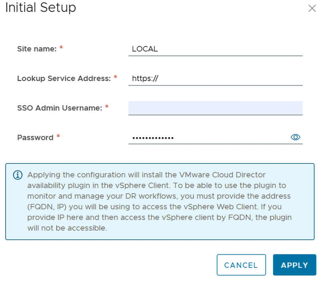 Screenshot: Das Initial Setup-Formular mit den Feldern für Site-Name, Lookup Service Address, SSO Admin Username und Passwort wird angezeigt.