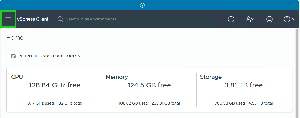 Screenshot: Im vSphere Client wird die Home-Seite angezeigt. Über der Home-Seite ist in der Menüleiste mit den Menüsymbol mit den drei waagerechten Strichen hervorgehoben.