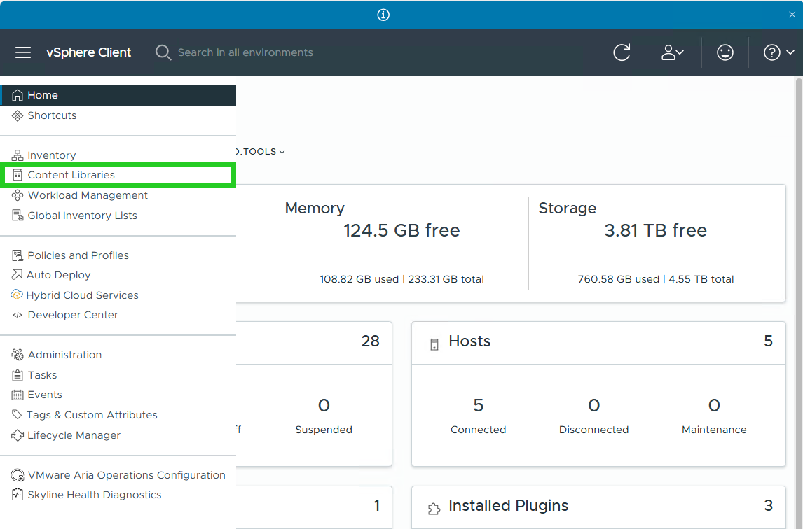 Screenshot: Das geöffnete vSphere-Menü wird angezeigt. In diesem Menü ist der Menüpunkt Content Libraries hervorgehoben.