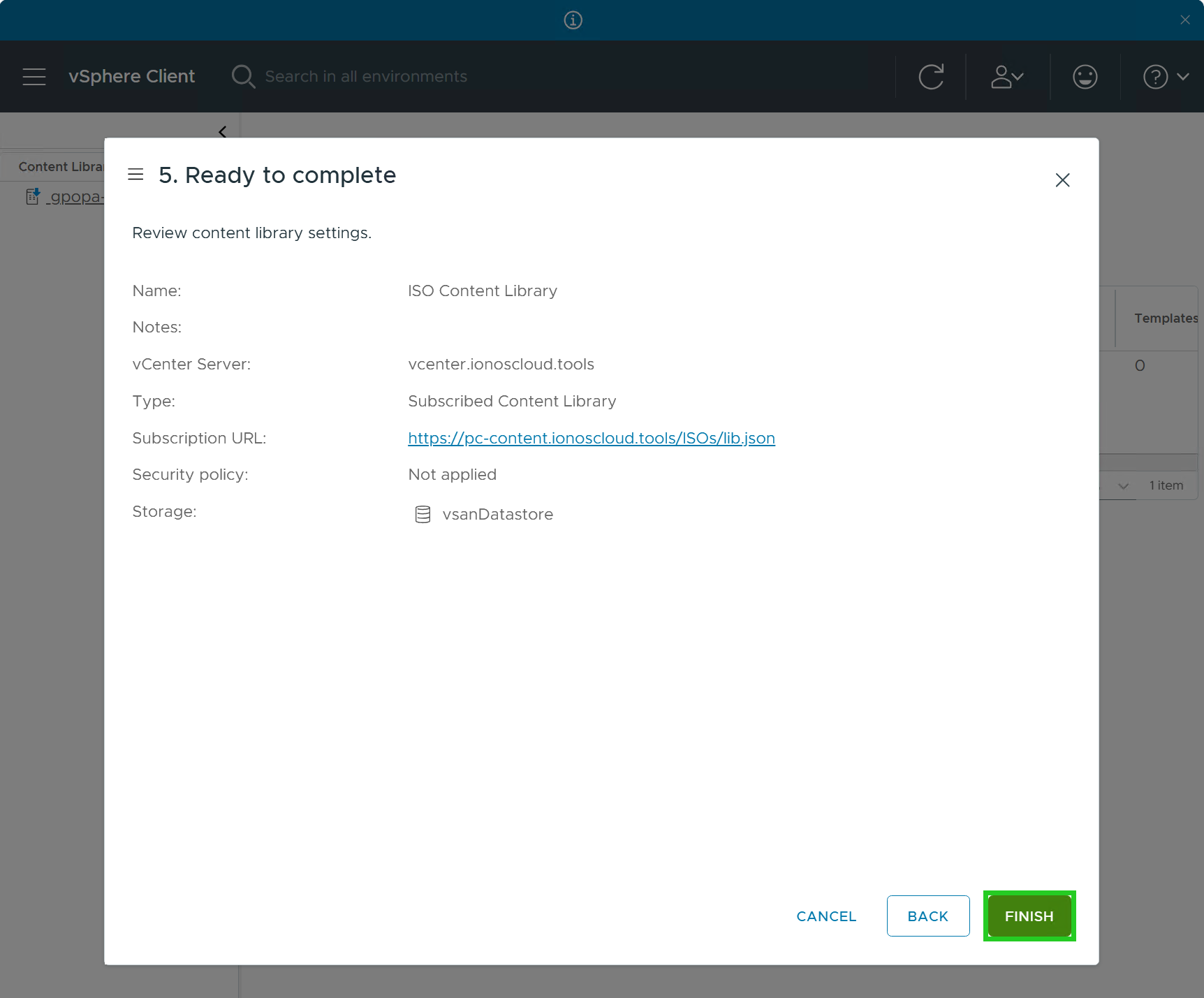 Screenshot: Das Fenster 5. Ready to complete wird angezeigt. In diesem Fenster ist die Schaltfläche Finish hervorgehoben.