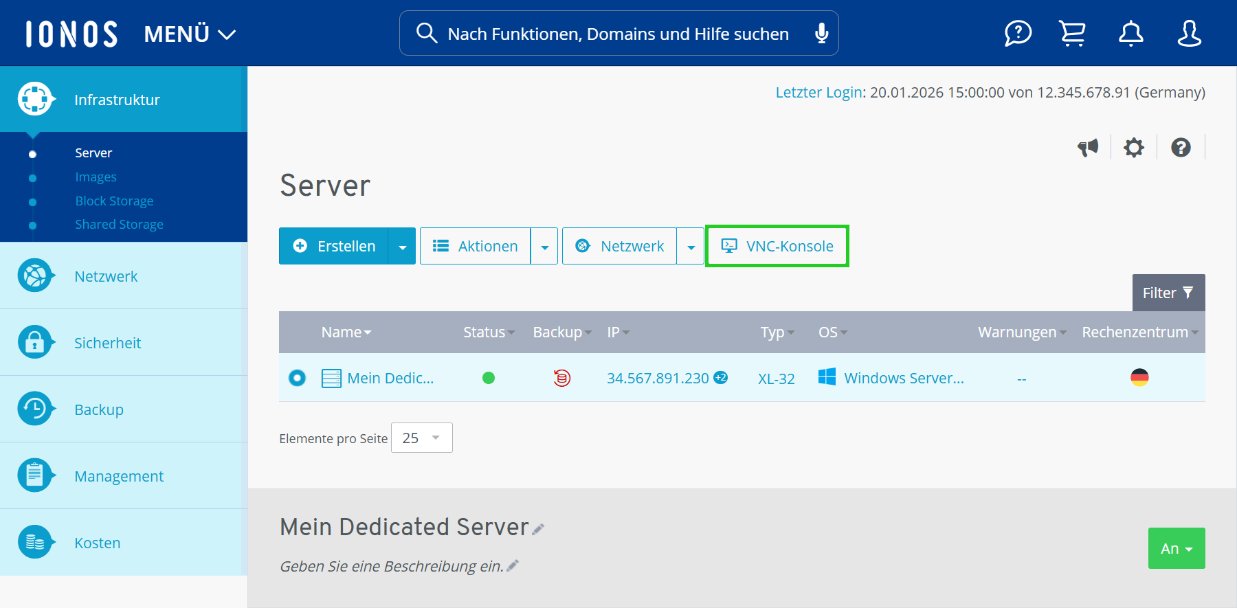 Screenshot: Der Bereich Infrastruktur > Server wird im Cloud Panel angezeigt. In diesem Bereich ist unterhalb der Schaltfläche VNC-Konsole hervorgehoben.