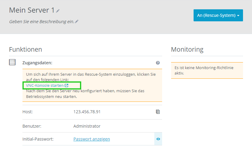 Screenshot: Der Bereich Infrastruktur > Server wird im Cloud Panel angezeigt. In den Serverdetails im Abschnitt Zugangsdaten ist der Link VNC-Konsole starten hervorgehoben.