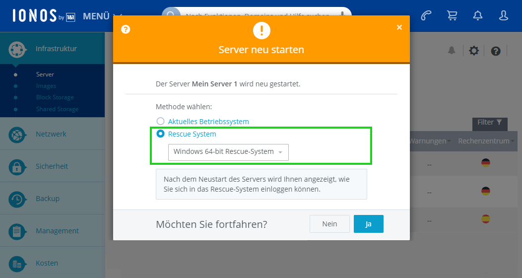 Screenshot: Das Fenster Server neu starten wird angezeigt. In diesem Fenster ist der Menüpunkt Rescue System hervorgehoben.