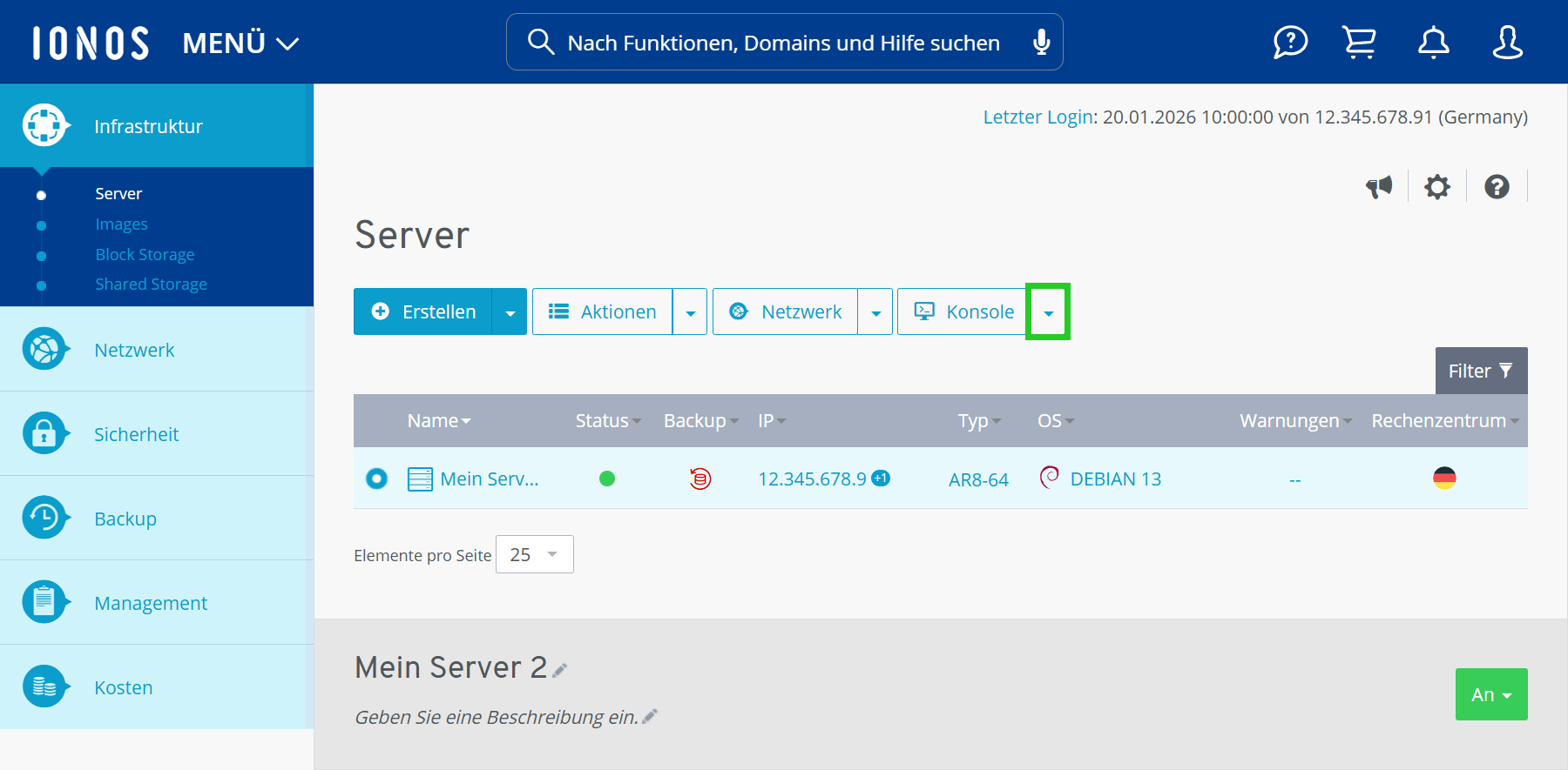 Screenshot: Der Bereich Infrastruktur > Server wird im Cloud Panel angezeigt. In diesem Bereich ist neben der Schaltfläche Konsole eine Schaltfläche mit einem nach unten zeigenden Pfeil hervorgehoben.