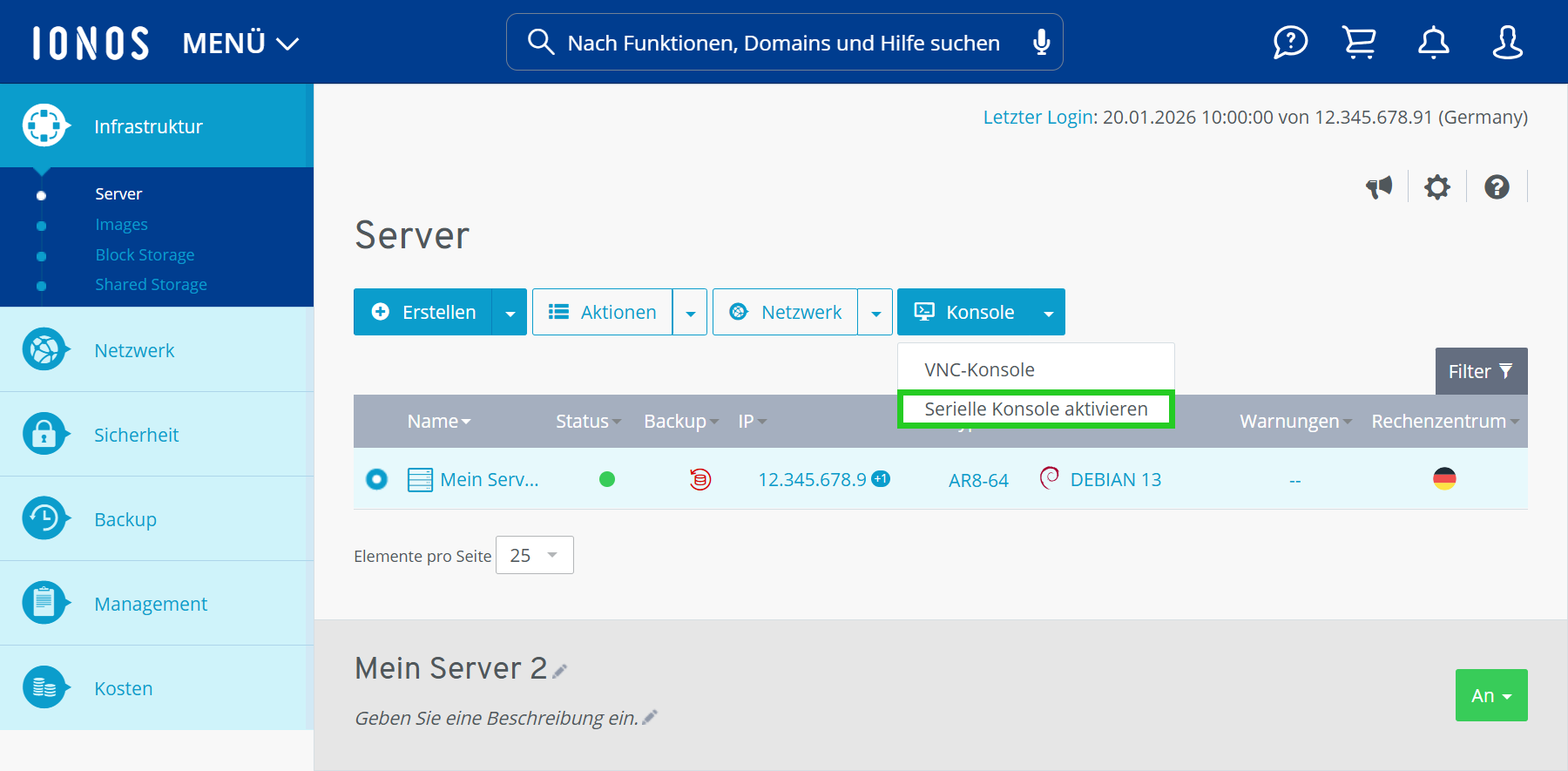 Screenshot: Der Bereich Infrastruktur > Server wird im Cloud Panel angezeigt. In diesem Bereich ist unterhalb der Schaltfläche Konsole die Schaltfläche Serielle Konsole aktivieren hervorgehoben.