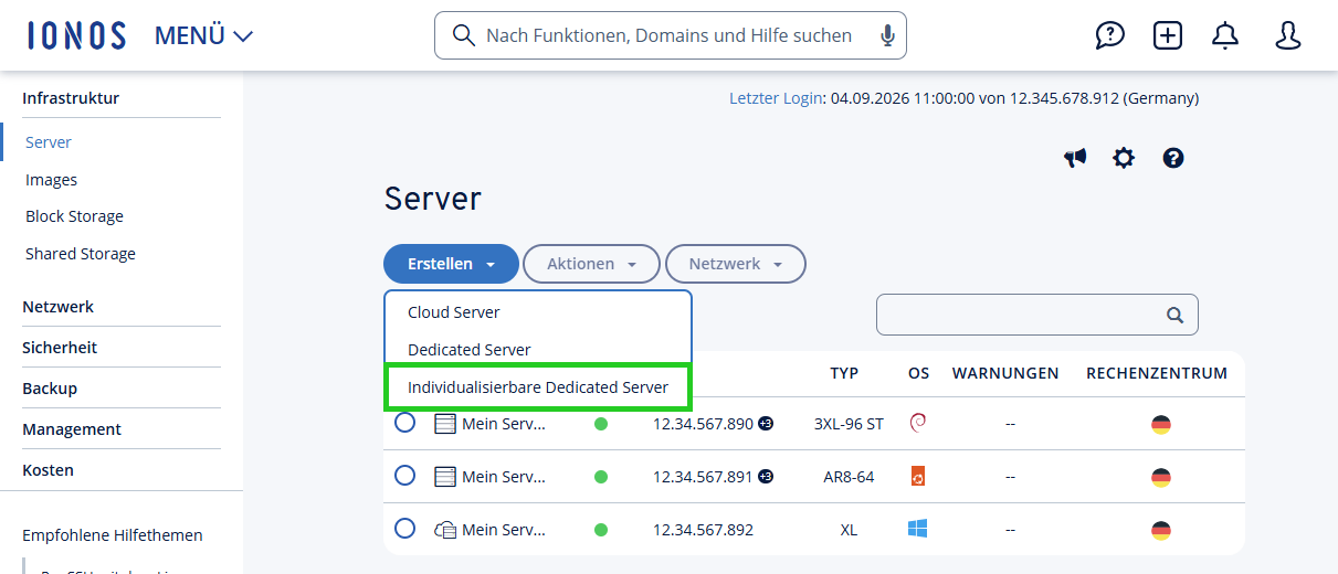 Screenshot: Der Bereich Infrastruktur > Server wird im Cloud Panel angezeigt. In diesem Bereich ist unter der Schaltfläche Aktionen der Menüpunkt Dedicated Server hervorgehoben.